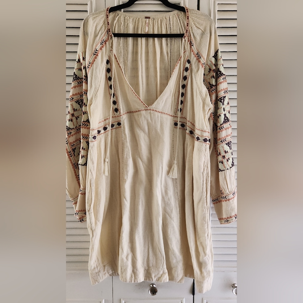 Free people cream mini dress with embroidery on arms